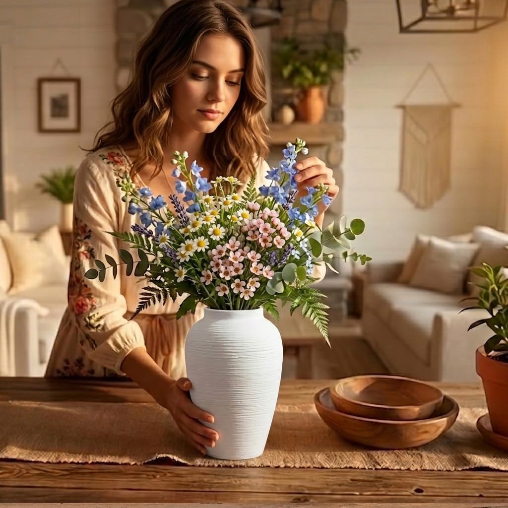 Off-White 10" Ceramic Vase / White Ribbed - 10" Medium