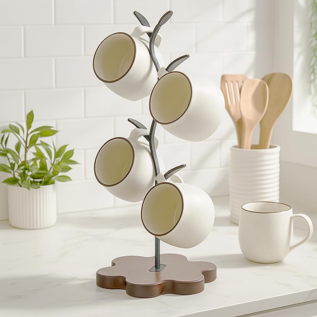 Mug Tree for Coffee Cups – Rustic Mug Holder Stand with 4 Hooks, Countertop Cup Rack for Coffee Bar & Kitchen