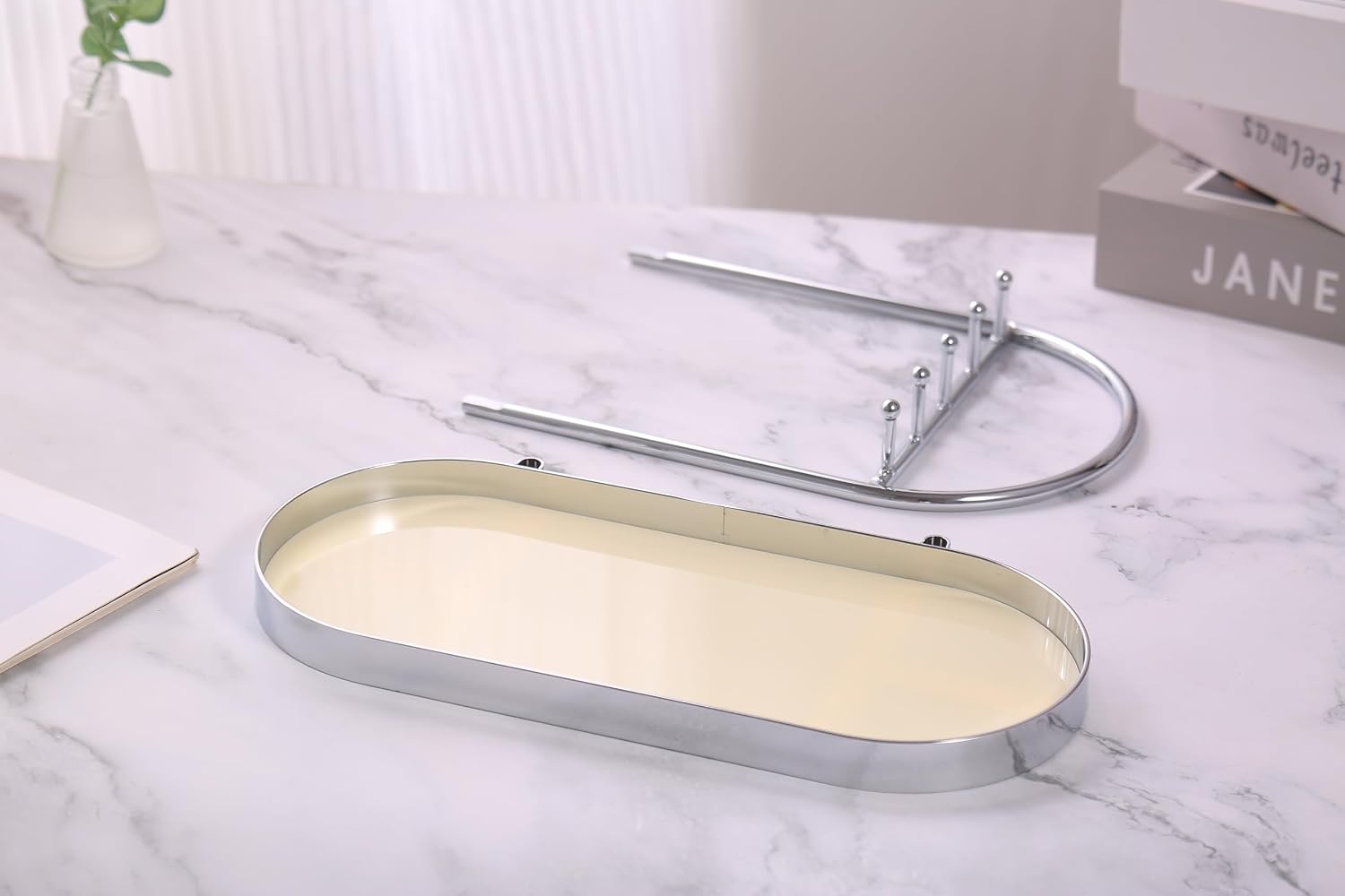 Metal Jewelry Organizer Stand & Key Holder Tray / Silver Creamy