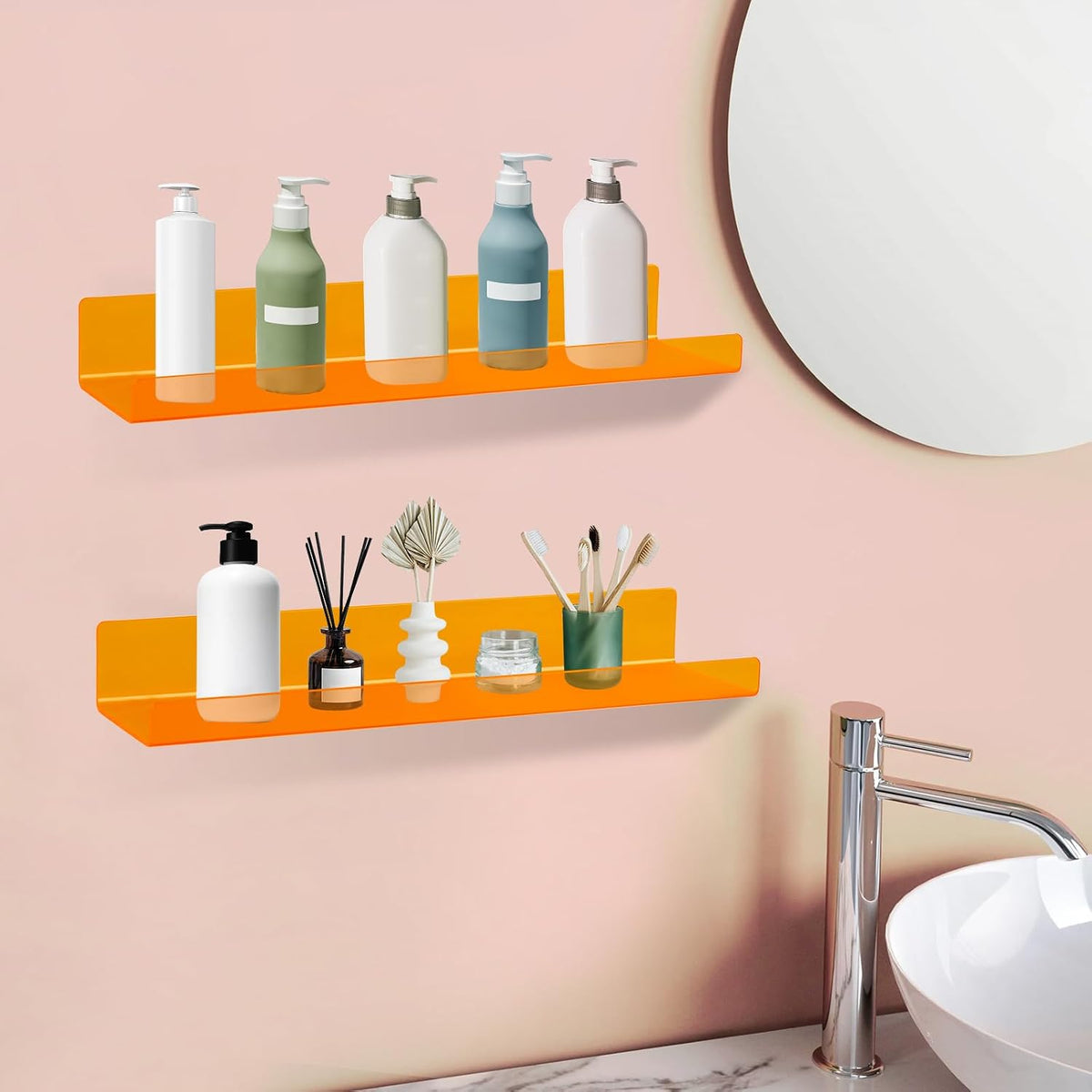Dezzer 6 Pack Acrylic Shelves for Wall, 15" Acrylic Floating Shelves for Bathroom Bedroom, Invisible Bookshelf Wall
