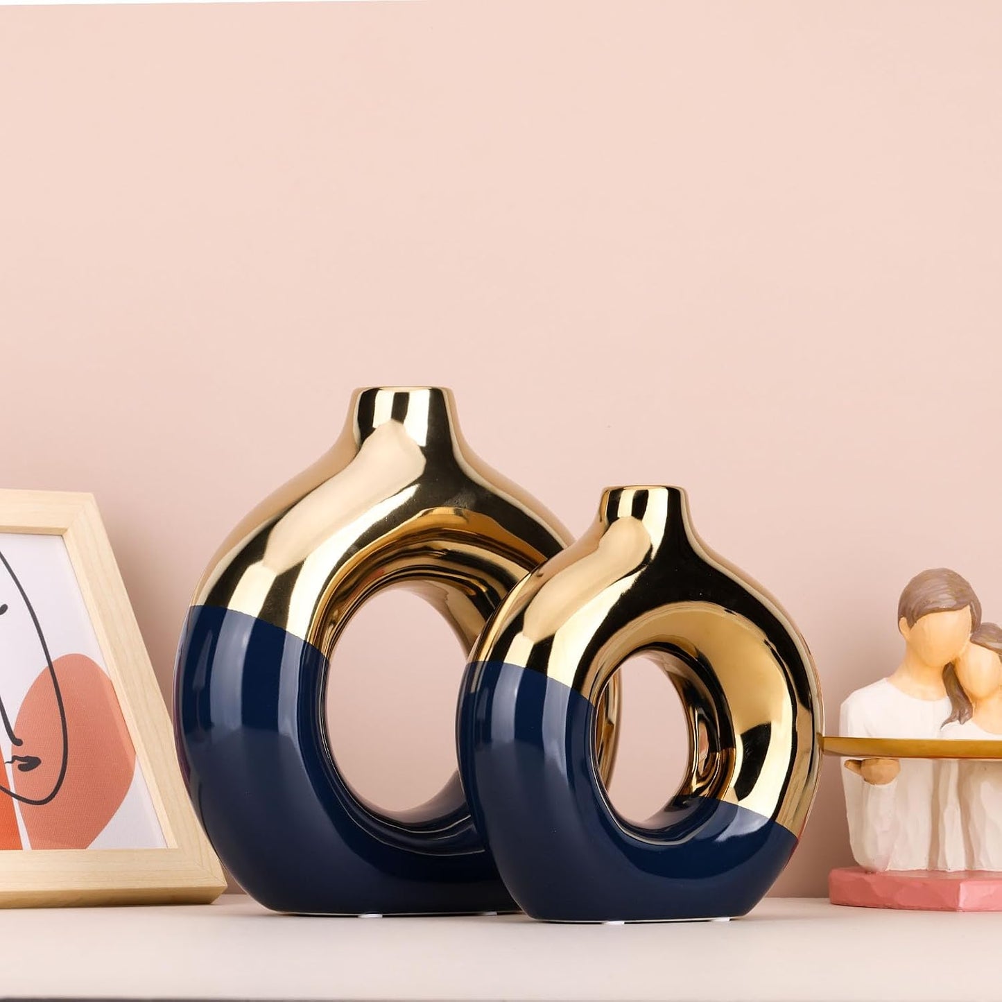Navy and Gold Ceramic Vase / Blue / Set of 2