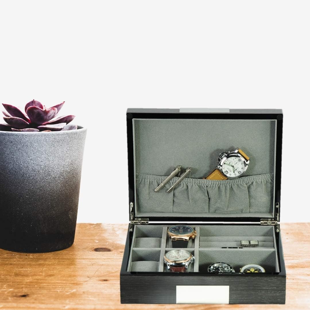 Ginko Lacquered Wood Watch Cufflink Case & Ring Storage Organizer Men's Jewelry Box Father's / Grey