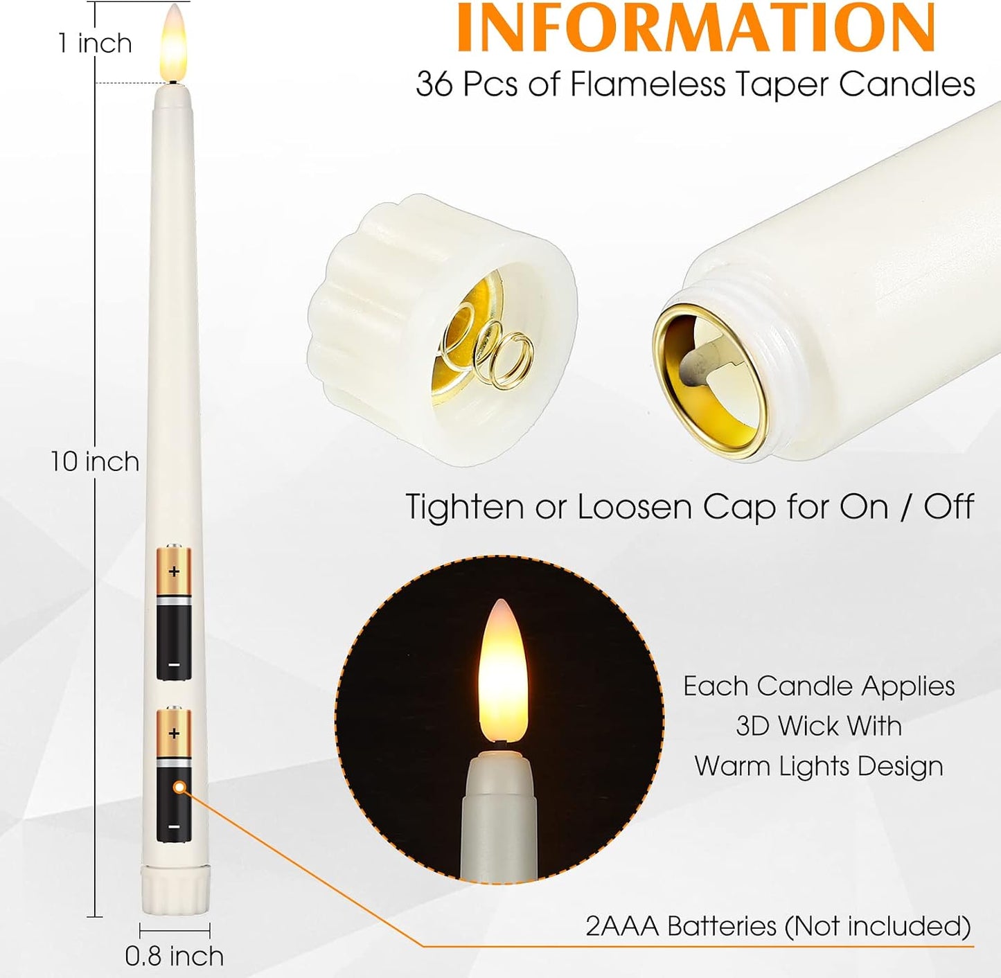 Reginary 36 Pcs Flameless Taper Candles Battery Operated,Ivory | 11" Tapered LED Lights for Window Candle Holders