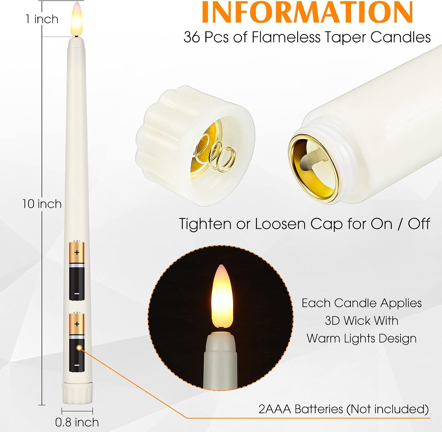Reginary 36 Pcs Flameless Taper Candles Battery Operated,Ivory | 11" Tapered LED Lights for Window Candle Holders