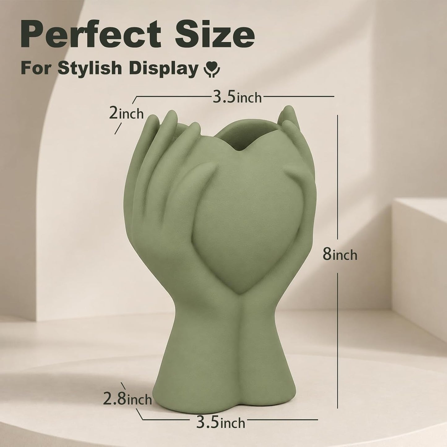 Heart Hand Ceramic Vase / Green / 8 Inch