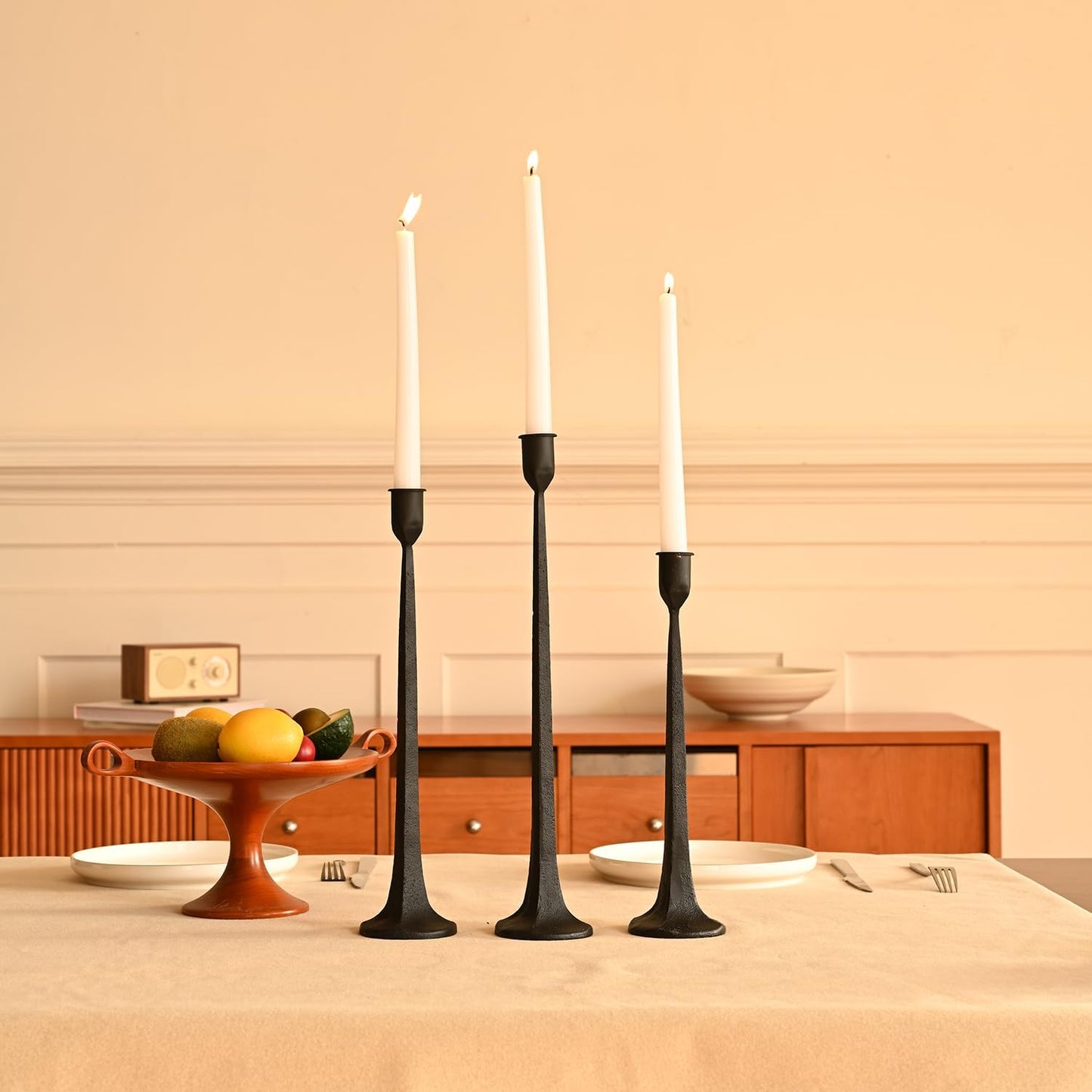 Set of 3 Candle Stick Holders,Iron Black Candlestick Holders, Fits 3/4 inch Thick Candles, Tapered Candle Holders Tall
