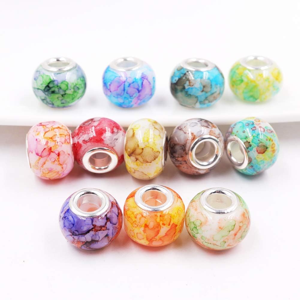 mm Murano Large Hole Glass Beads / Watercolor Effect Glass Beads / Silver / 10 x 15 / Set of 100