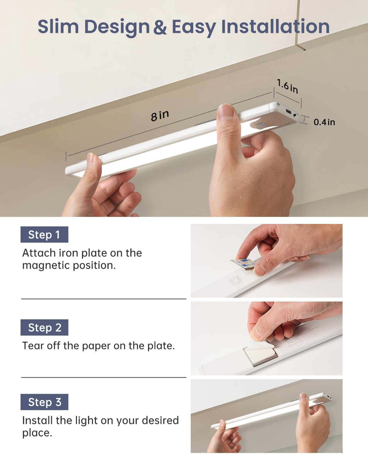 16 Inch Under Cabinet Lighting, Motion Sensor Rechargeable LED Dimmable | Under Counter Cabinet Light 83 LED USB