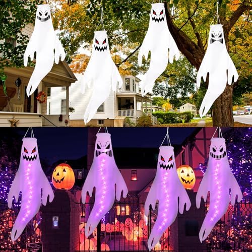 Geefuun 4PCS Purple Halloween Fierce Ghost Windsocks Hanging Decorations - 43 Inch Flag Wind Socks for Home Yard Outdoor Decor Party Supplies (Batteries Not Included,No Timer)