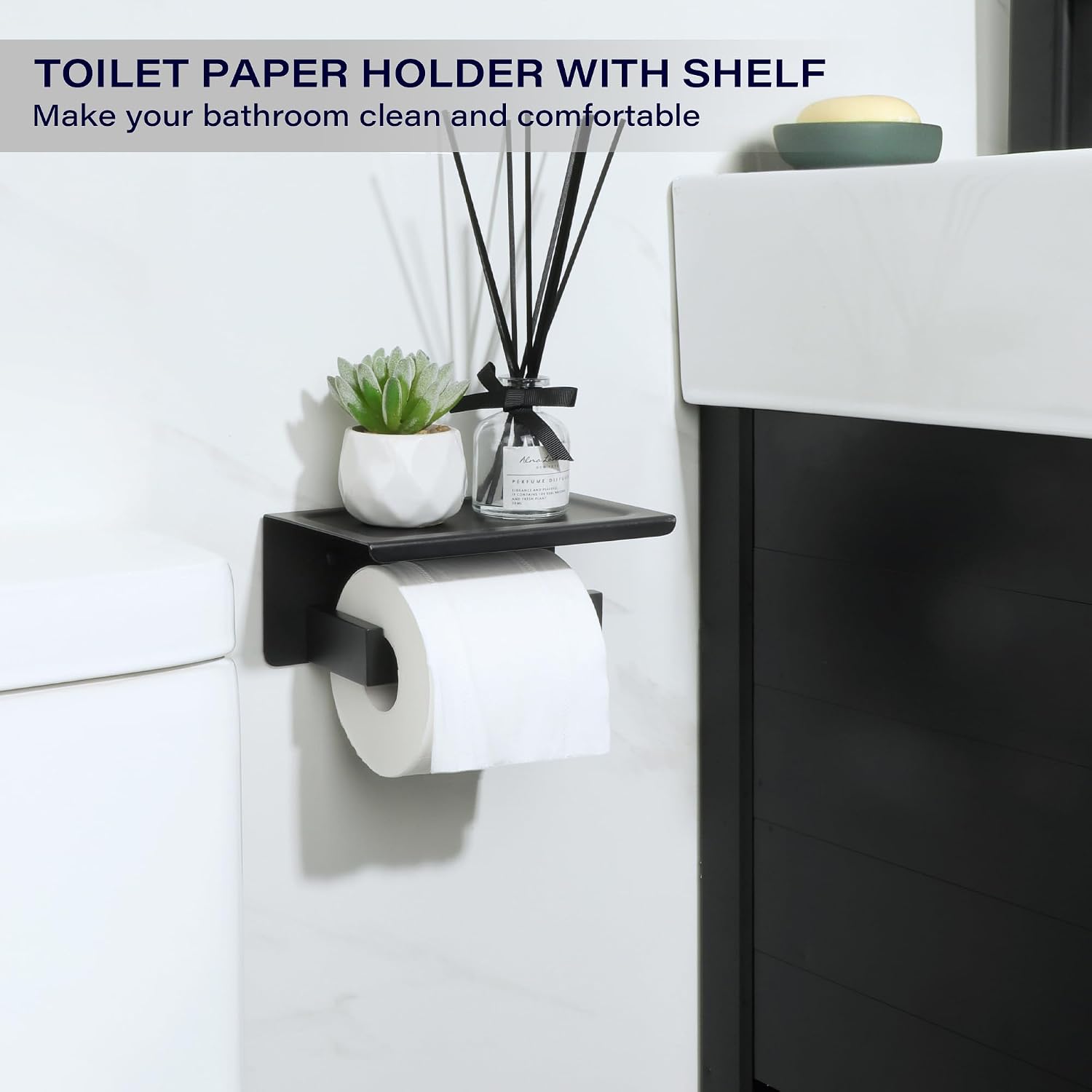 Alise Black Toilet Paper Holder with Shelf,Self Adhesive or Drilling | SUS304 Stainless Steel Adhesive Toilet Paper