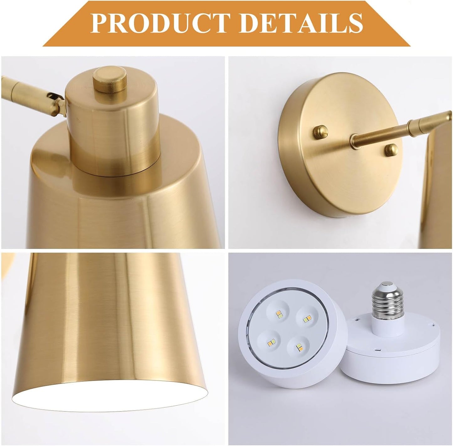 Battery Operated Wall Sconce Set of Two,Gold Modern with Remote Control Dimmable Wall Lighting Indoor, Not Hardwired