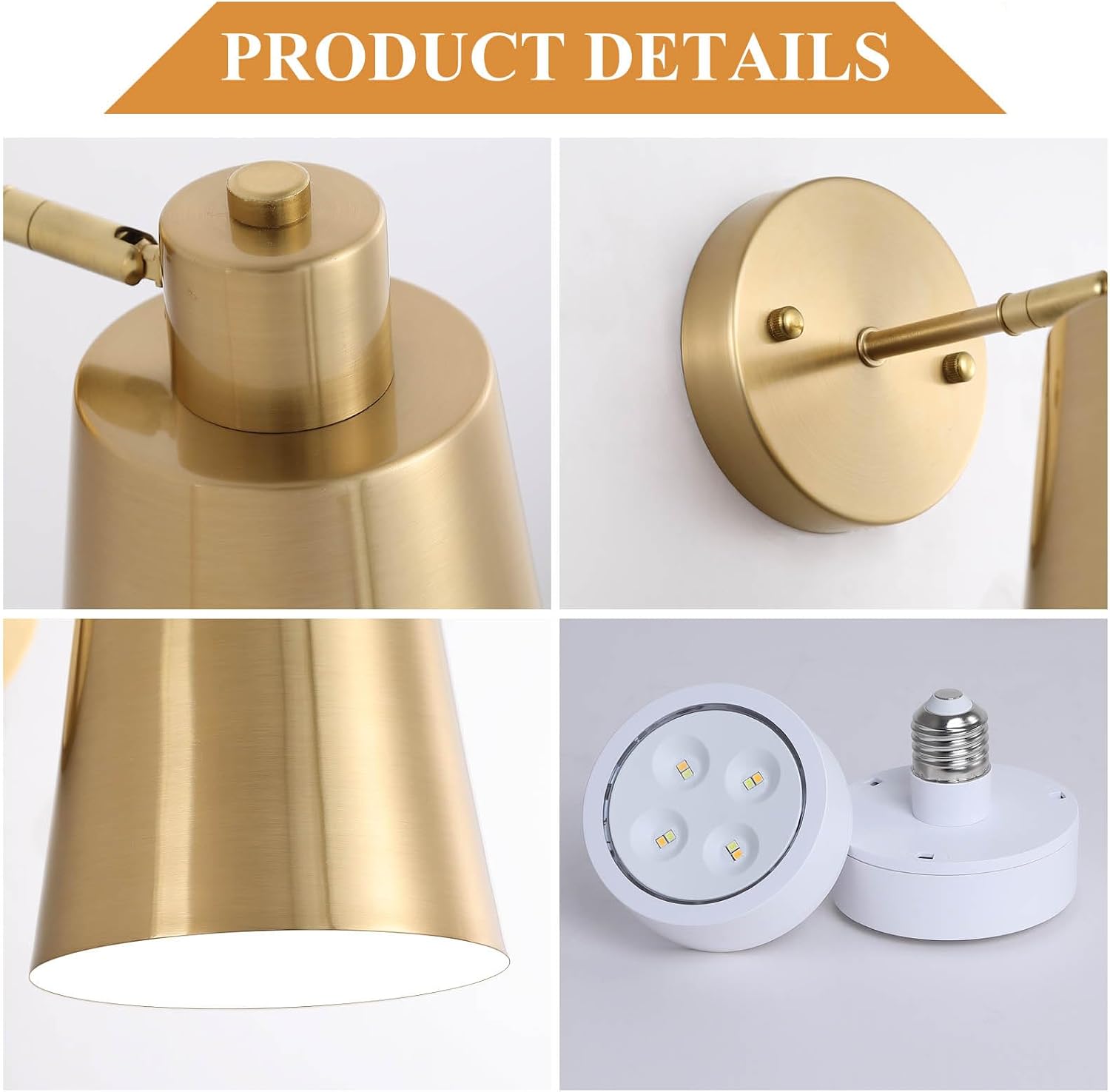 Battery Operated Wall Sconce Set of Two,Gold Modern with Remote Control Dimmable Wall Lighting Indoor, Not Hardwired