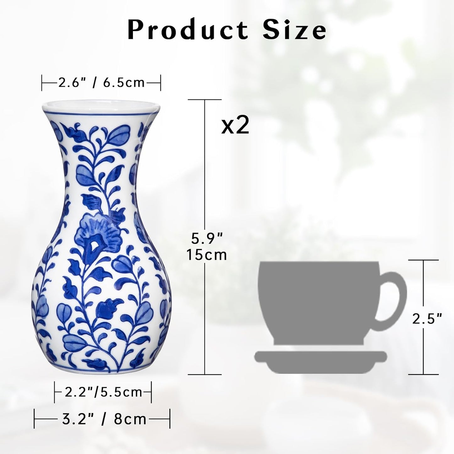 Bud Ceramic Flower Vase / # Small Floral / Blue / 6 Inch / Set of 2