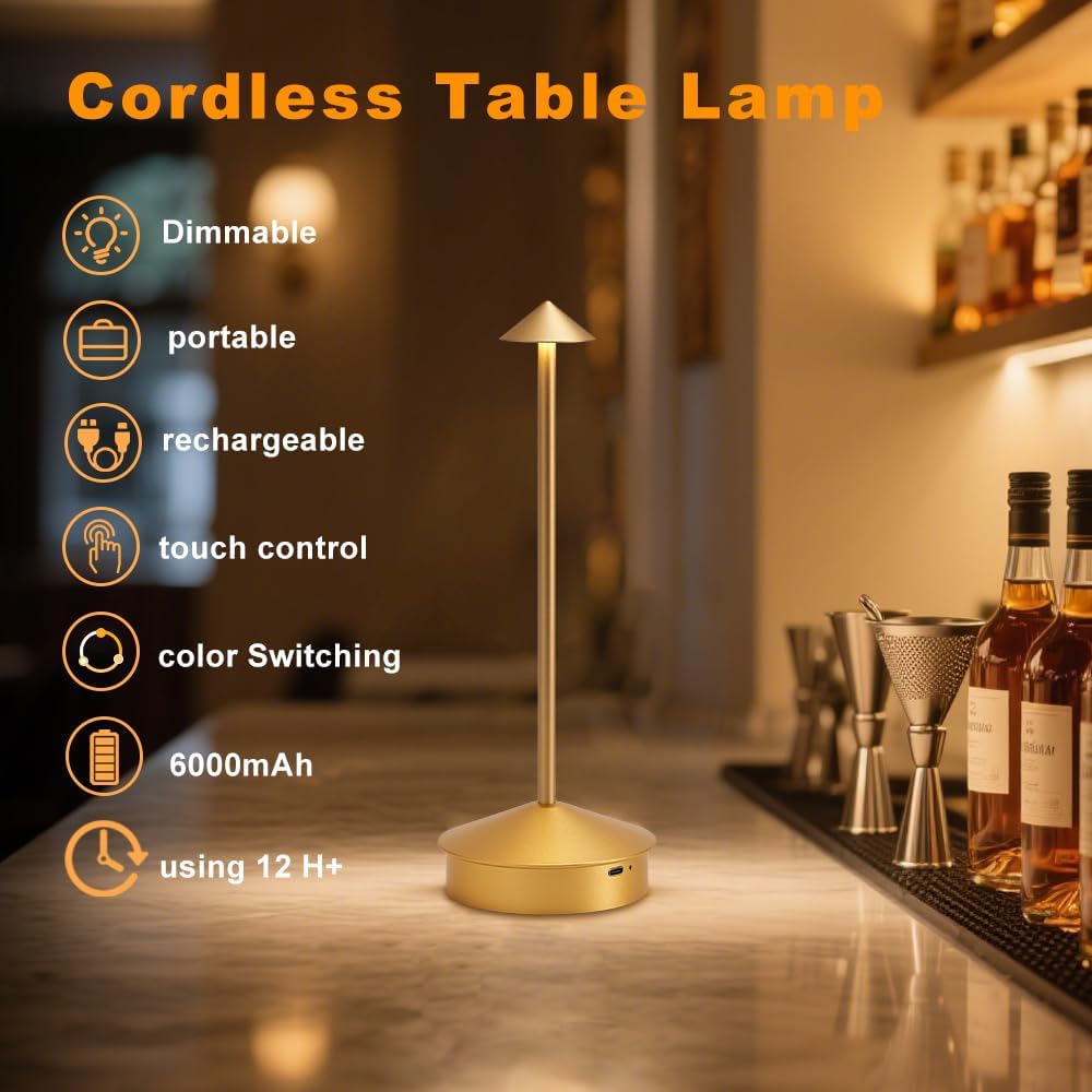 2 Pack Aluminum Cordless Table Lamp, 6000mAh Rechargeable Table Lamps, Portable Touch LED Lamp, Outdoor Waterproof