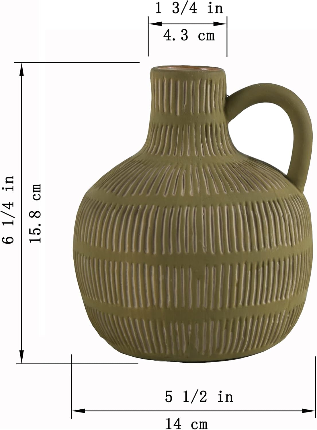 Farmhouse Vase / Grey Yellow Vertical Stripes Design Clay Vase 10'' Tall / Green