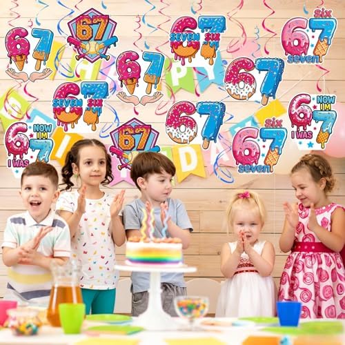 6 7 Birthday Hanging Swirl Decorations, 30Pcs Six Seven Party Ceiling Streamers for 6 7 Meme Ice Cream Birthday Party Supplies