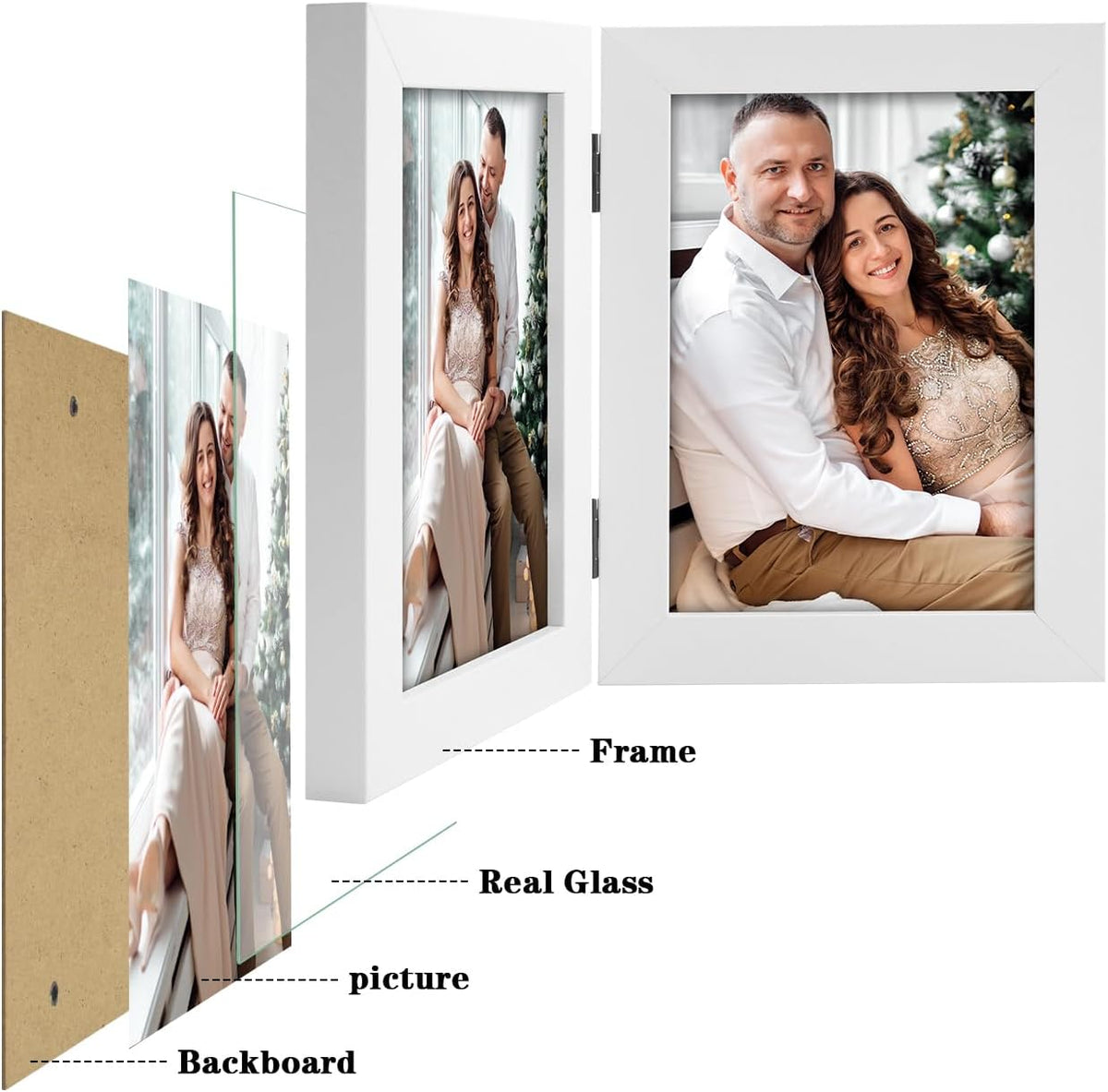 Frametory, 5x7 Double Picture Frame White, 10 Pack | Real Glass Front, Hinged 2 Photos Collage, Side by Side Standing