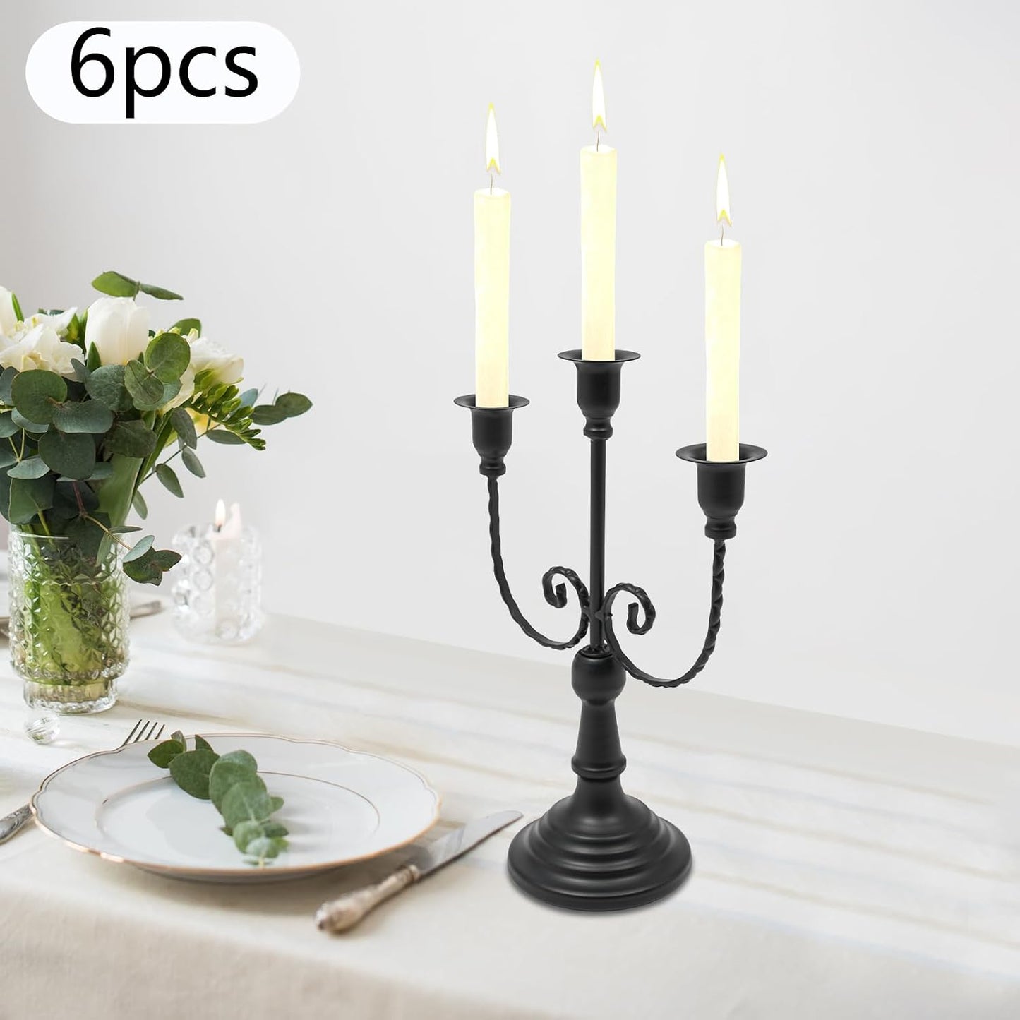 3 Arm Metal Candelabra Candle Holders Set of 6, Elegant Retro Taper Candle Stand for Wedding, Party, Dining Table