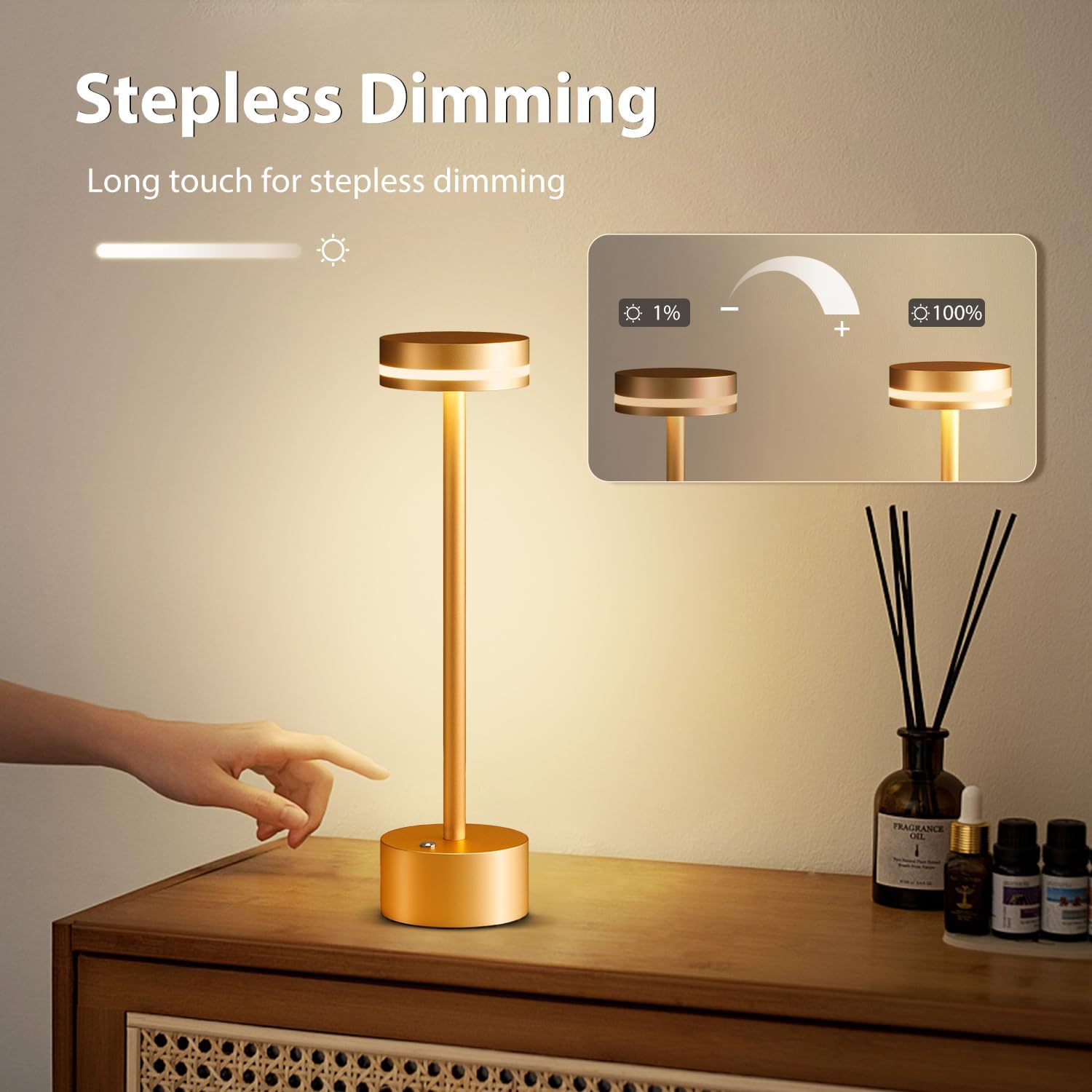 2 Pack Rechargeable Cordless Table Lamps Gold Touch Dimmable | Aluminum, Warm White, 4000mAh Battery Operated, For Home