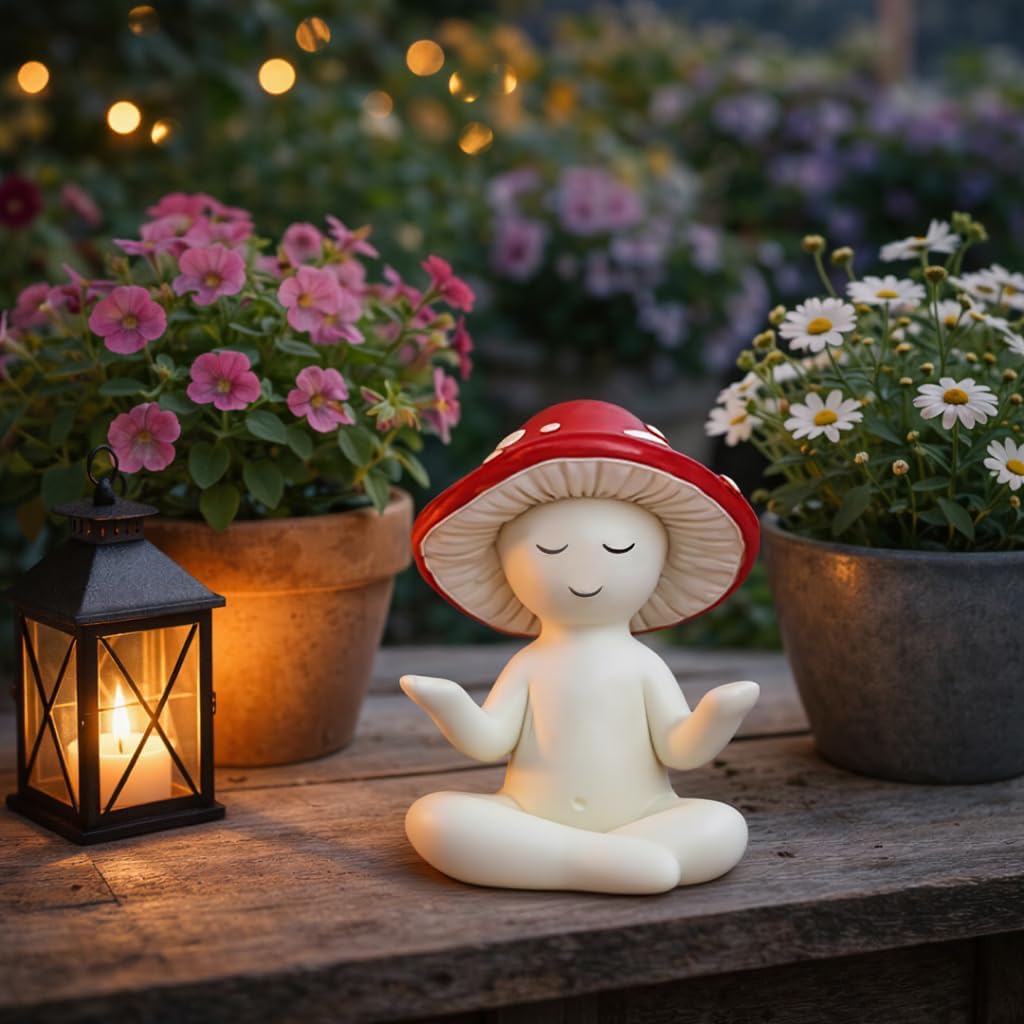 Meditation Mushroom Statue Yoga Mushroom Figurine Tabletop Decor / Red