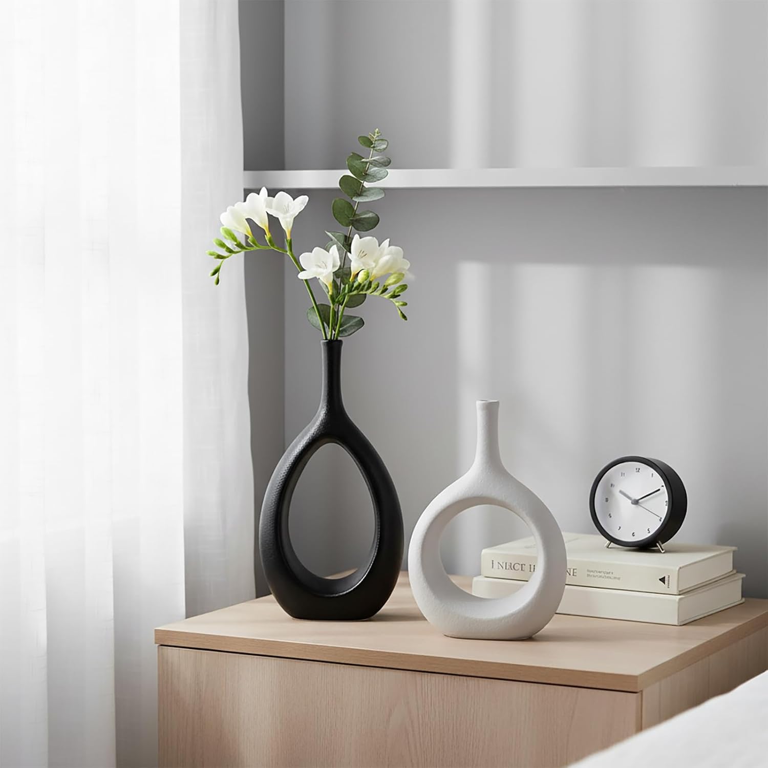 Ceramic Vase / Modern Minimalist Boho Hollow Flower Vases / White&black / Set of 2