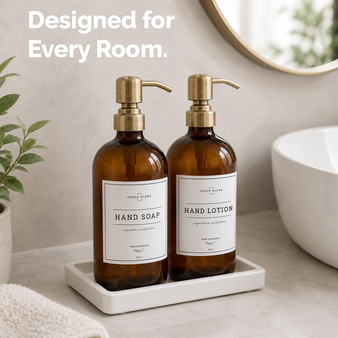 Vine Creations Amber Glass Soap Dispenser, 2 Pack Kitchen Soap Dispenser Set with Ceramic Tray, Stainless Steel Pump