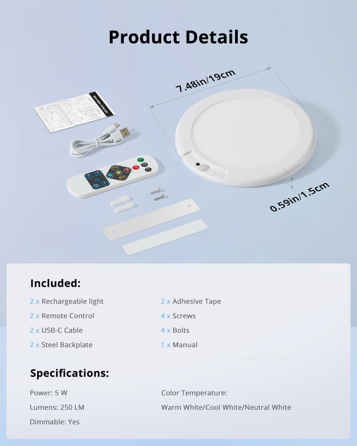 Rechargeable Motion Sensor Ceiling Light with Remote Wireless, 60 Days Battery Powered Shower Lamp Magnetic Dimming