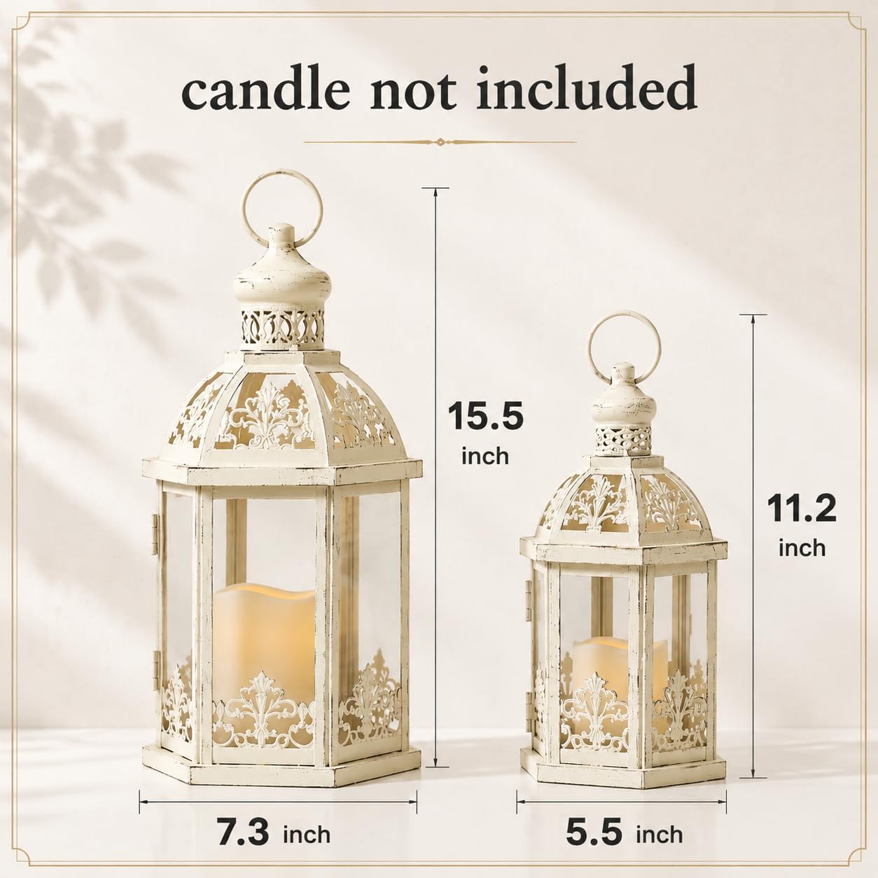 Lanterns Decorative Outdoor&Indoor, Set of 2 (15"&11") Beige Metal Lantern Decor with Glass, Candle Holder for Porch