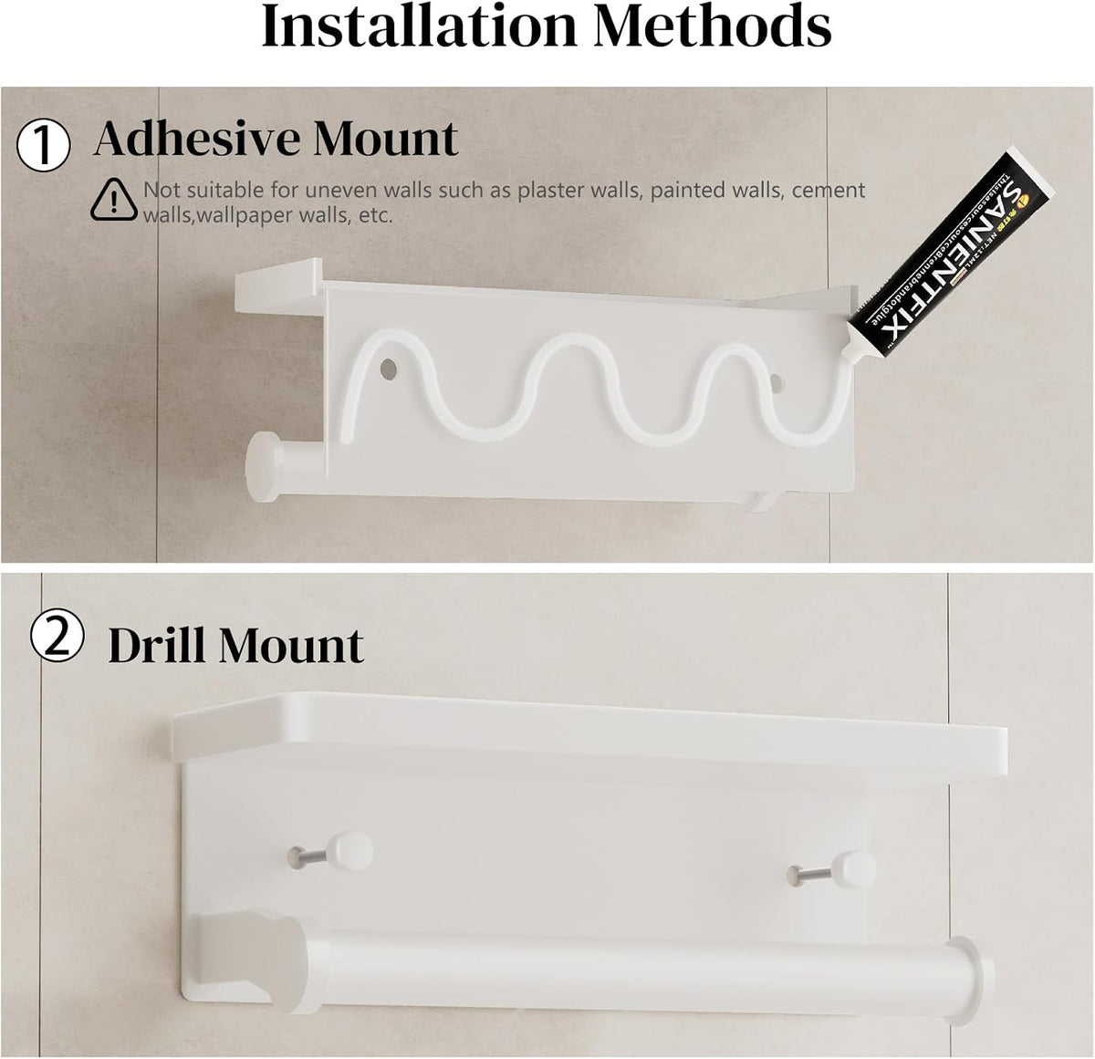 White Paper Towel Holder with Shelf, Wall Mount Paper Towel Holder for Bathroom Kitchen, Hand Towel Rack Holder,Paper