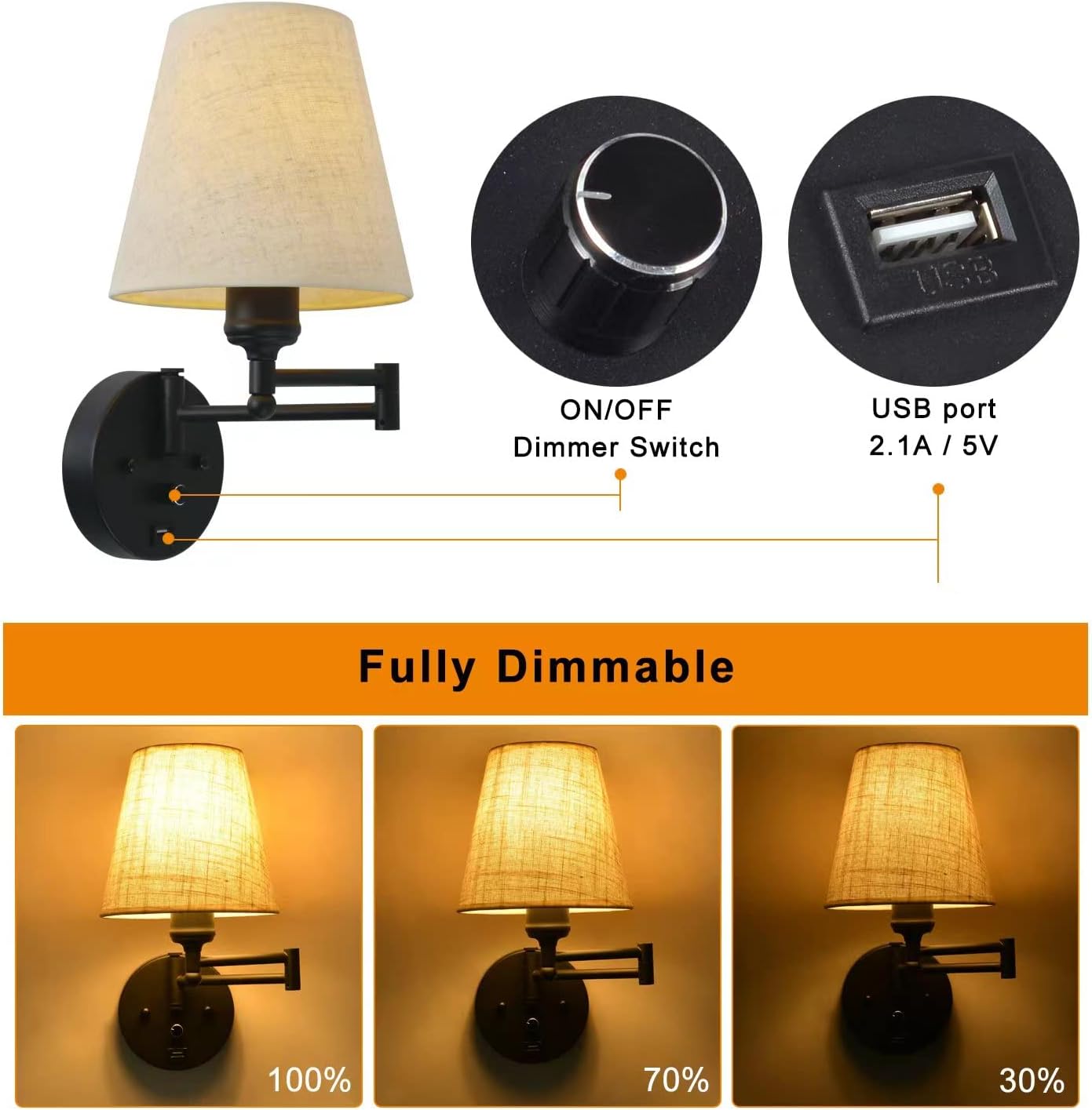 Bedside Wall Mount Light with Dimmable Switch and USB Port, Black Wall Sconce Light with Swing Arm and Plug in Cord