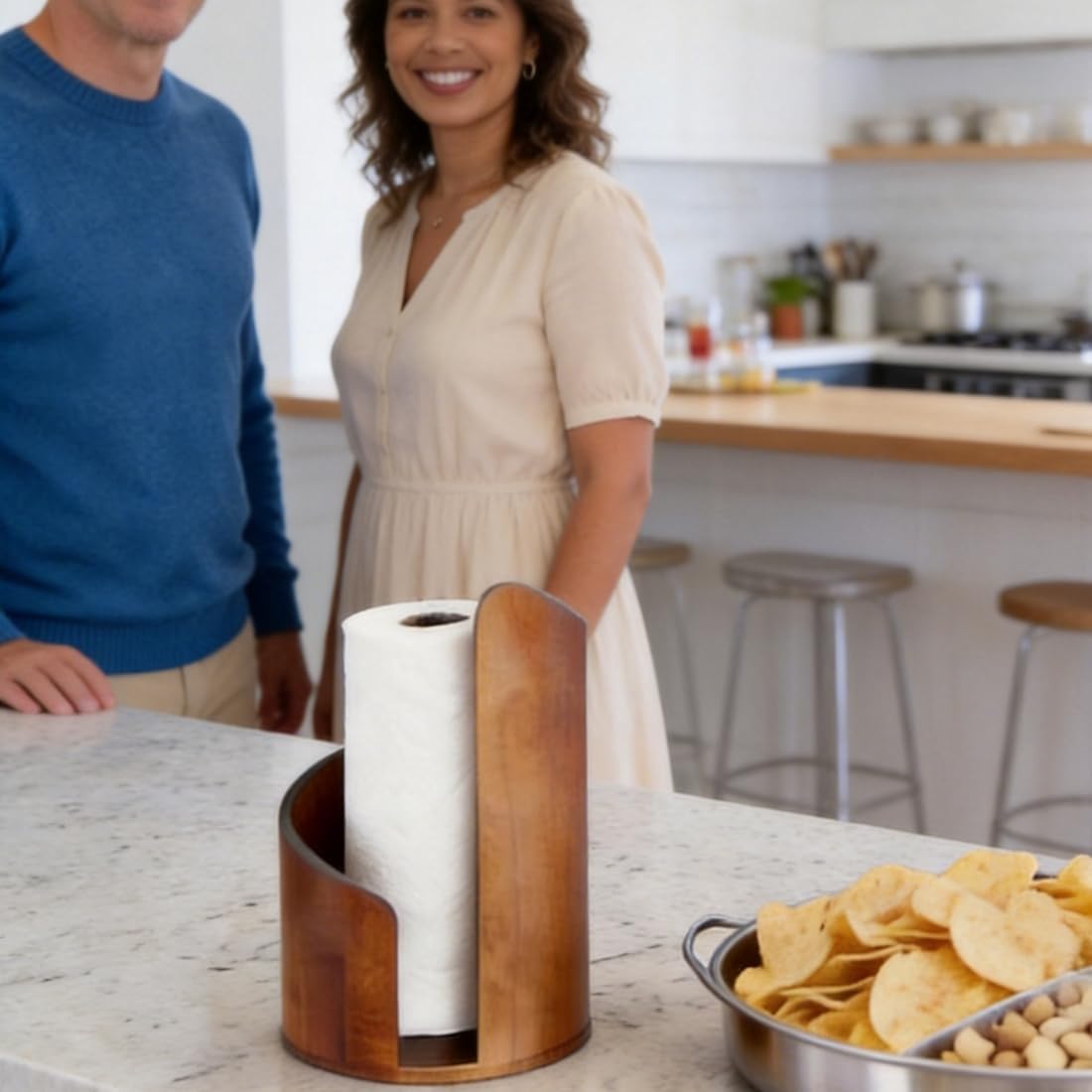 Large Size Countertop Paper Towel Holder with Mango Wood Round Base and Iron Stand, Kitchen Roll Organizer for Kitchen