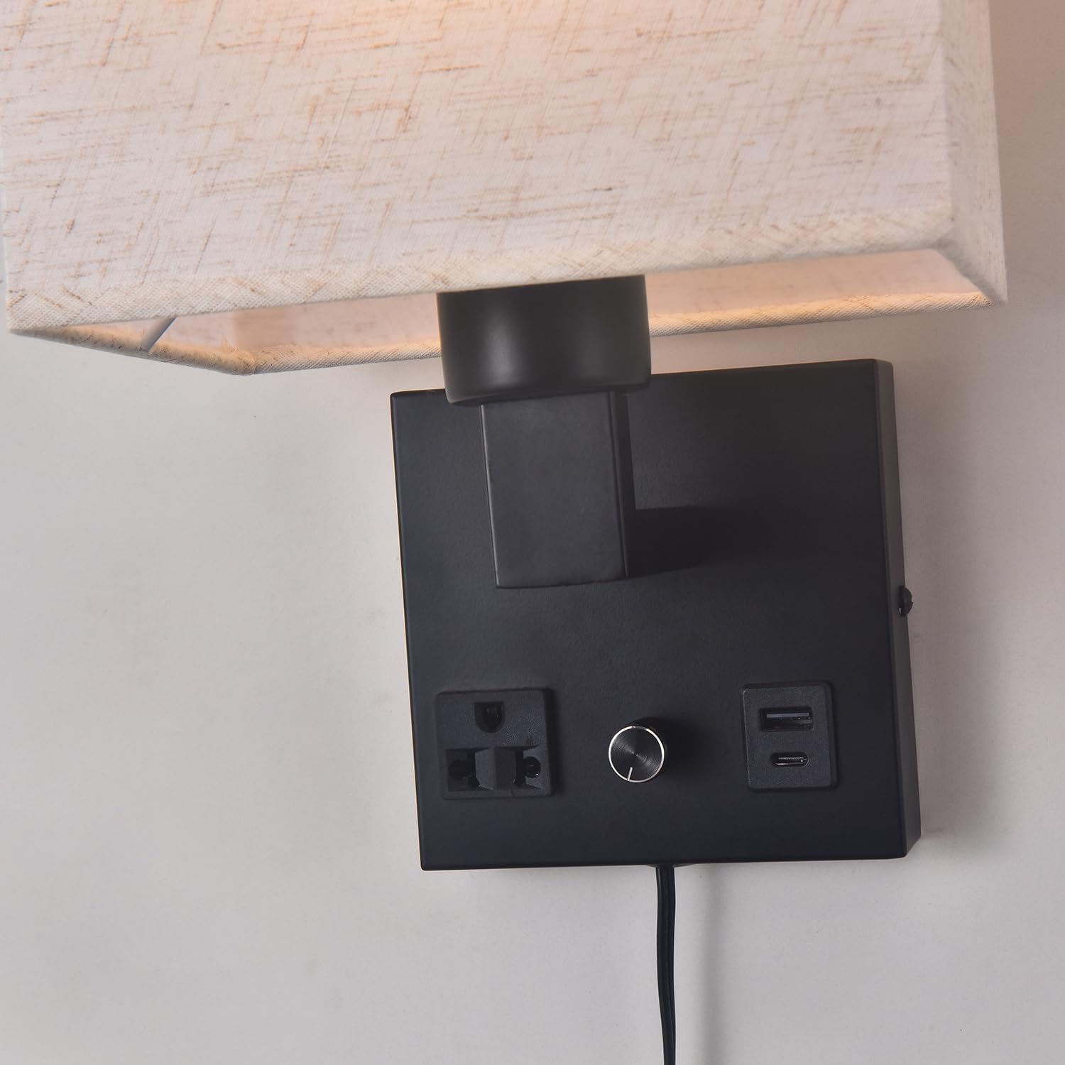 Bedside Wall Lamp for Bedroom, Plug in Wall Sconce - Dimmable Switch with AC Outlet & USB Charging Port, Fabric Shade
