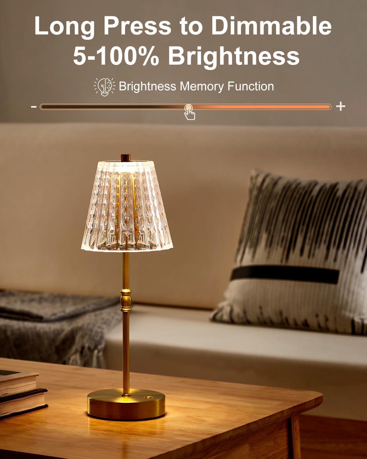 Cordless Crystal Lamp Battery Operated Touch Dimming 5000mAh Table Lamps | 3 Colors Modes, Rechargeable LED, Sepless