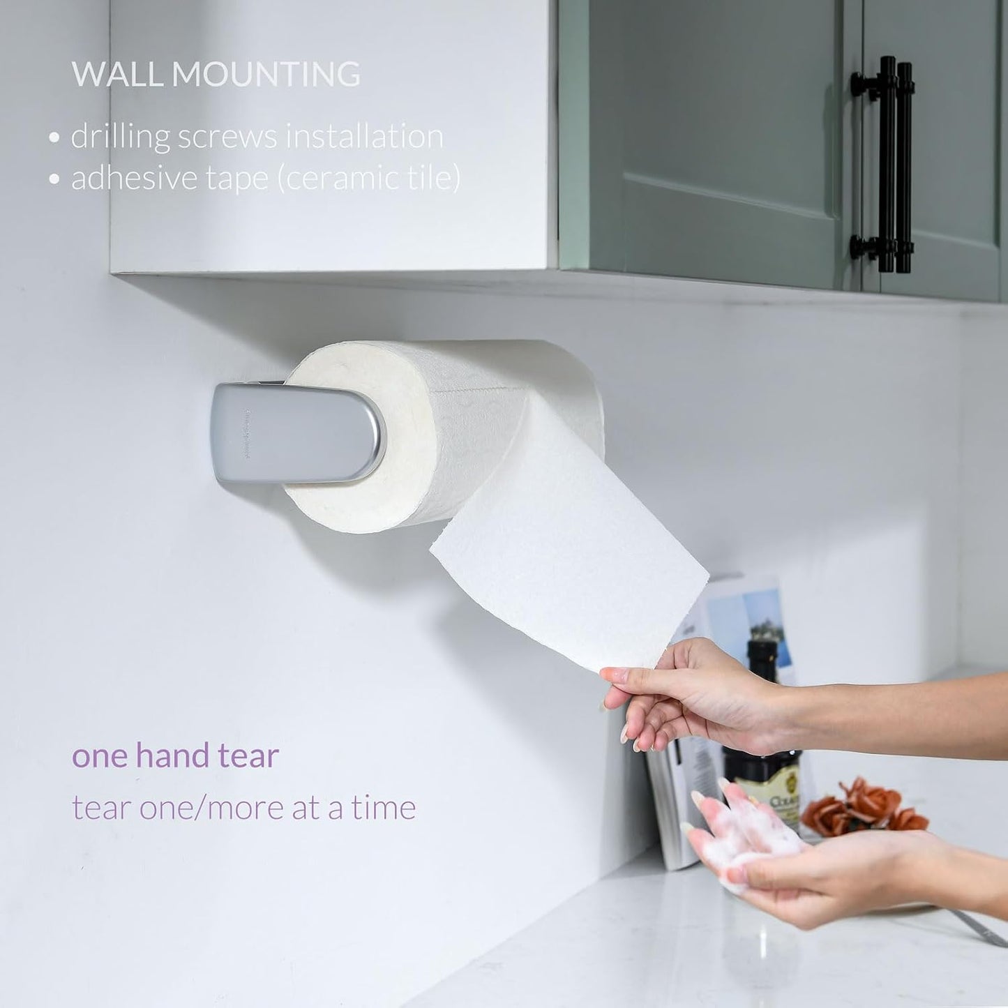 ONE Hand Tear Paper Towel Holder Under Cabinet/Wall for 9.4-11inch, Silver | adaptive adjustable tension arm | tear