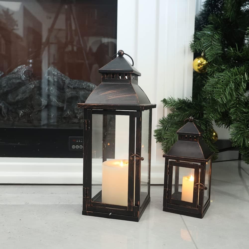 NEEDOMO Lanterns Decorative Outdoor&Indoor, Set of 2 Large Bronze Metal Lantern Decor with Glass, Candle Holder for