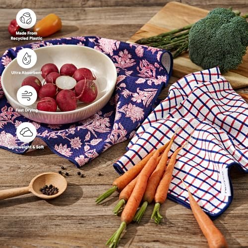 RECYCO Waffle Kitchen Towel Set of 2 - Quick Dry Microfiber Sustainable Dish Towels - Ultra Absorbent Reusable Cleaning Tea Towels - Lightweight Hand Towels,16”x 28”, Americana Bloom