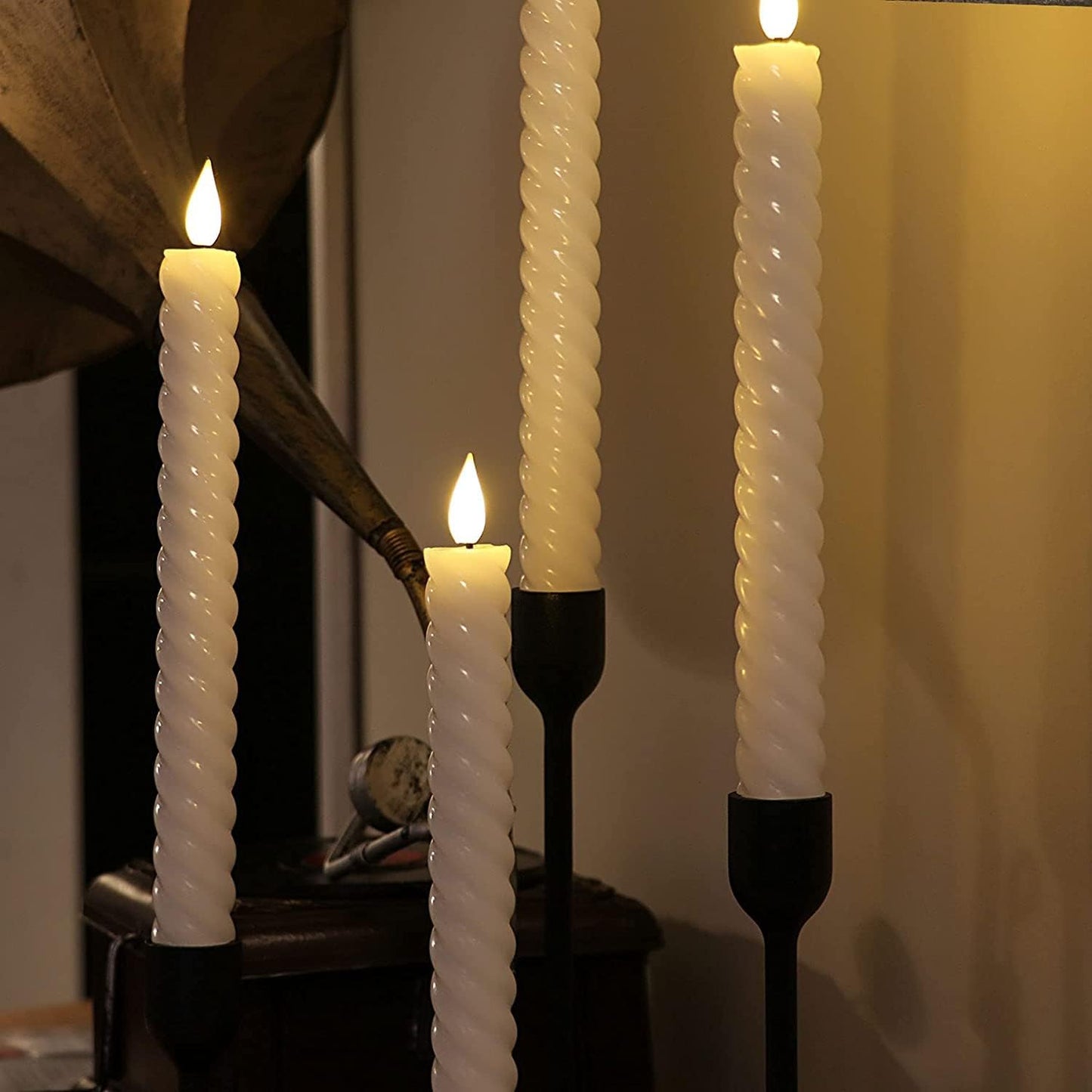 Rhytsing 10" White Flameless Twist Taper Candles with Timer, Battery Operated Spiral Candlesticks, Warm White Light