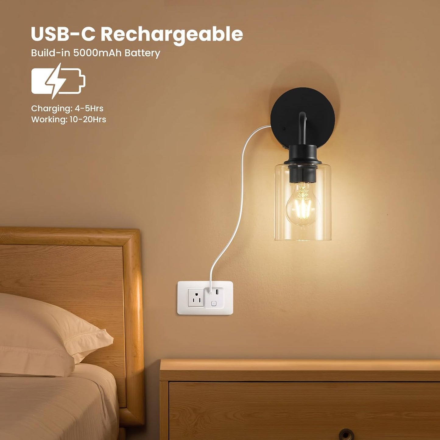 Epinl Battery Operated Black Wall Sconce Set of 2, Wireless Rechargeable Wall Lights with Remote Control, Modern