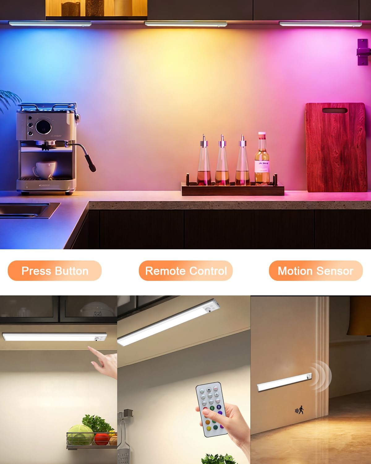 Under Cabinet Lighting,RGB Motion Sensor Night Lights,Rechargeable Under Cabinet Lights,15 Colors Dimmable Bar Light