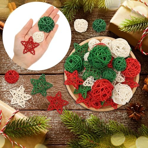 Lucleag 36Pcs Christmas Rattan Balls Star Decorations, Red White Green Natural Wicker Balls Star Ornament Vase Filler DIY Craft with Hemp Rope for Xmas Tree Home Table Decorations Party Supplies
