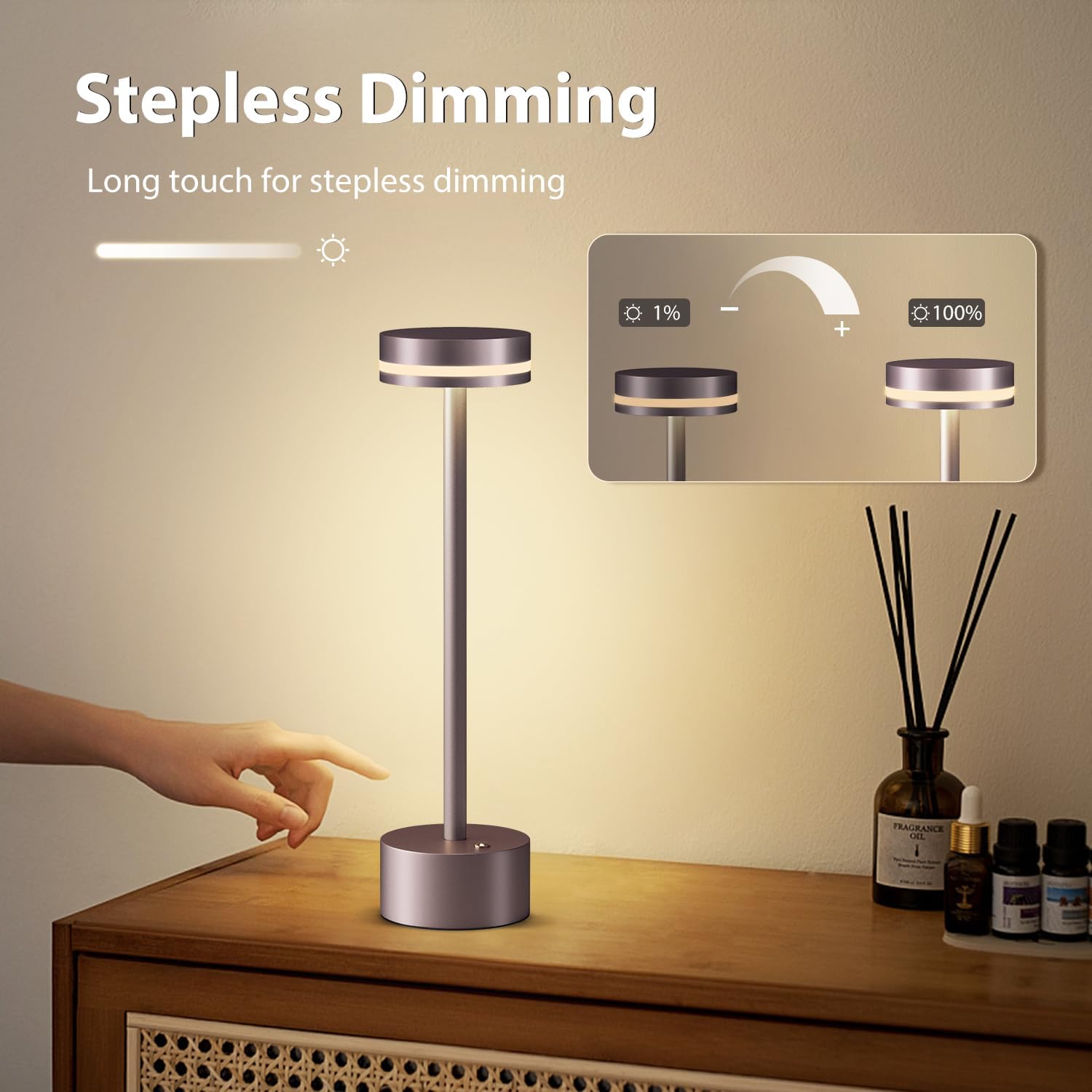 2 Pack Rechargeable Cordless Table Lamps Brown Touch Dimmable | Aluminum, Warm White, 4000mAh Battery Operated, For