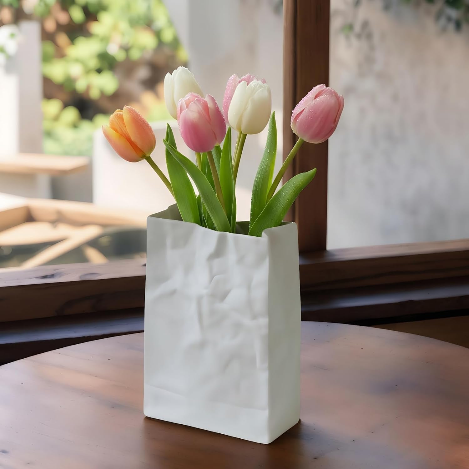 Crinkle Paper Bag Ceramic Vase / White / 7.5 Inch