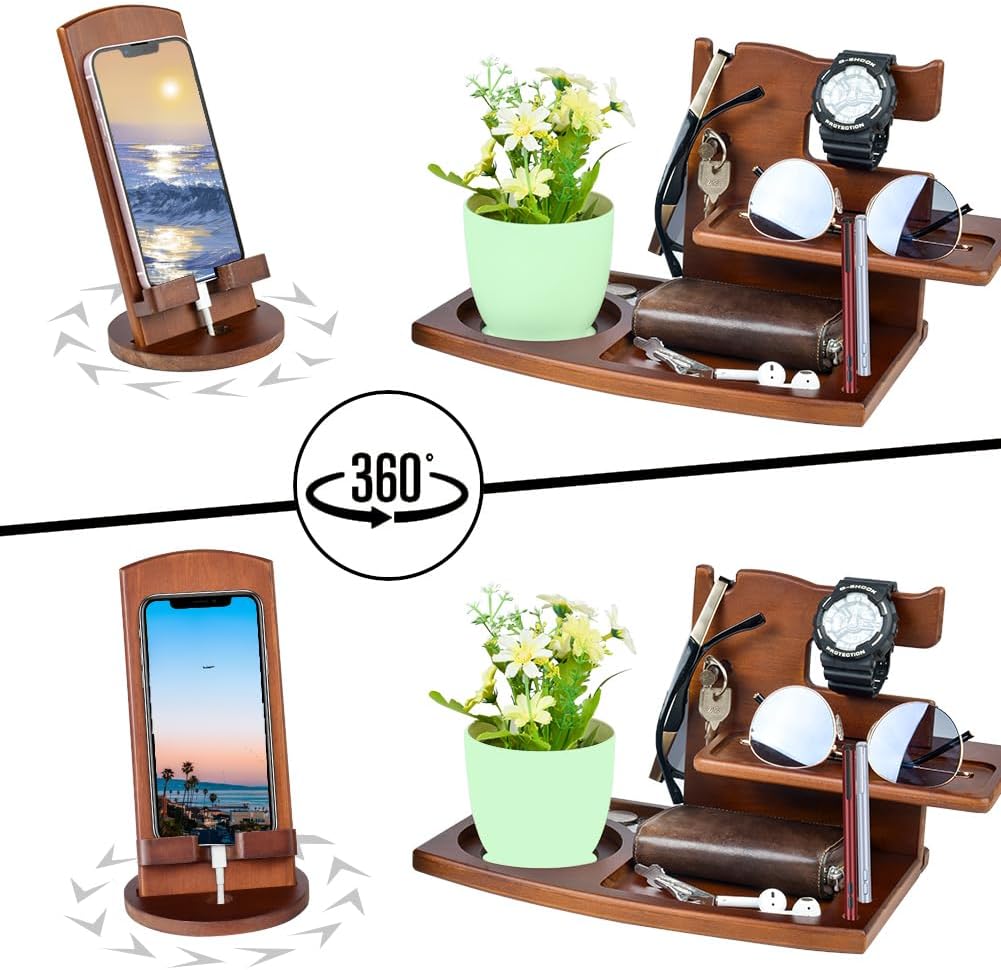 Gifts for Men, Fathers Day Wood Phone Docking Station for Dad, Desk or Nightstand Organizer, Mens Gifts for Husband