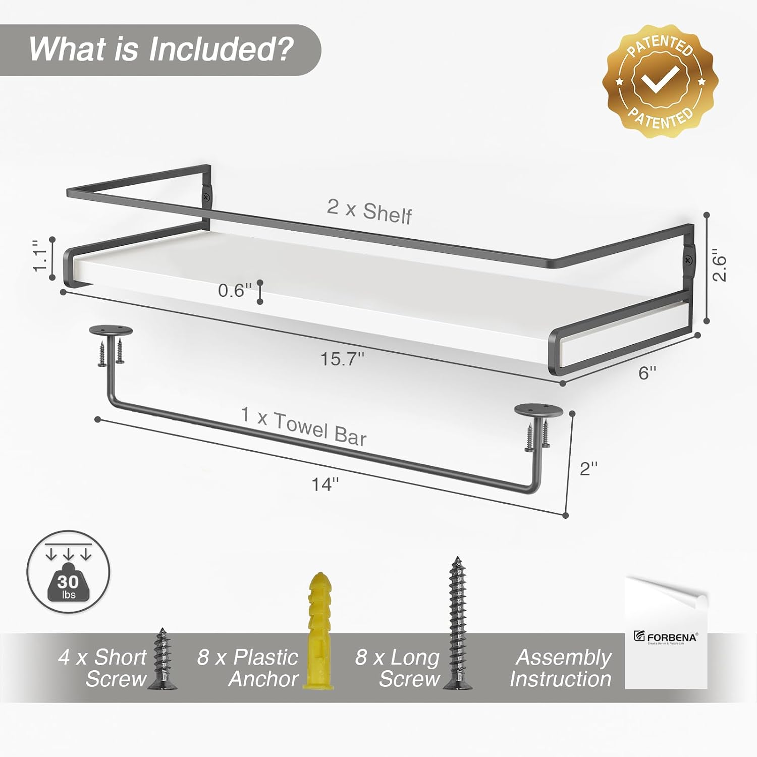 Forbena White Floating Shelves for Bathroom Organizer Over Toilet, Bathroom Shelves Wall Mounted with Towel Rack
