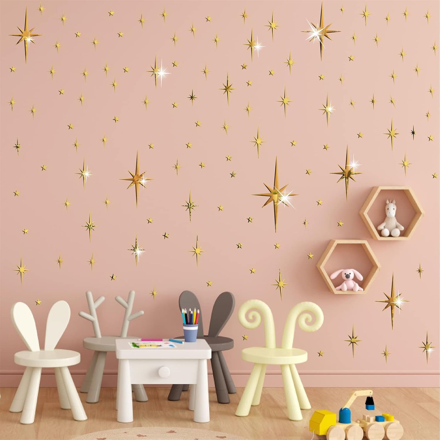 Mirror Wall Stickers Star Wall Decal Peel and Stick 3D Acrylic Decals Removable / Golden / Gold