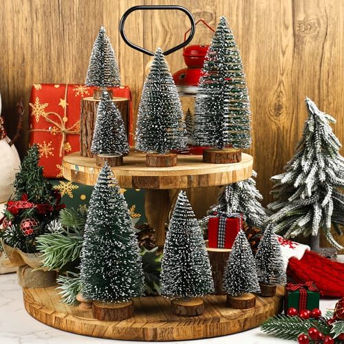 8 PCS Christmas Mini Trees Artificial Sisal Snow Frost Christmas Trees in 3 Size Bottle Brush Xmas Tree with Wooden Base Mini Xmas Pine Tree for Winter Holiday Party Home Table Crafts Decoration