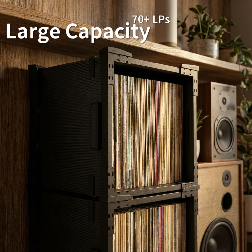 HumminGuru FlexiCube Vinyl Record Storage Box – Stackable Organizer for 12” Records, Holds 70 LPs | Modular Vinyl Shelf