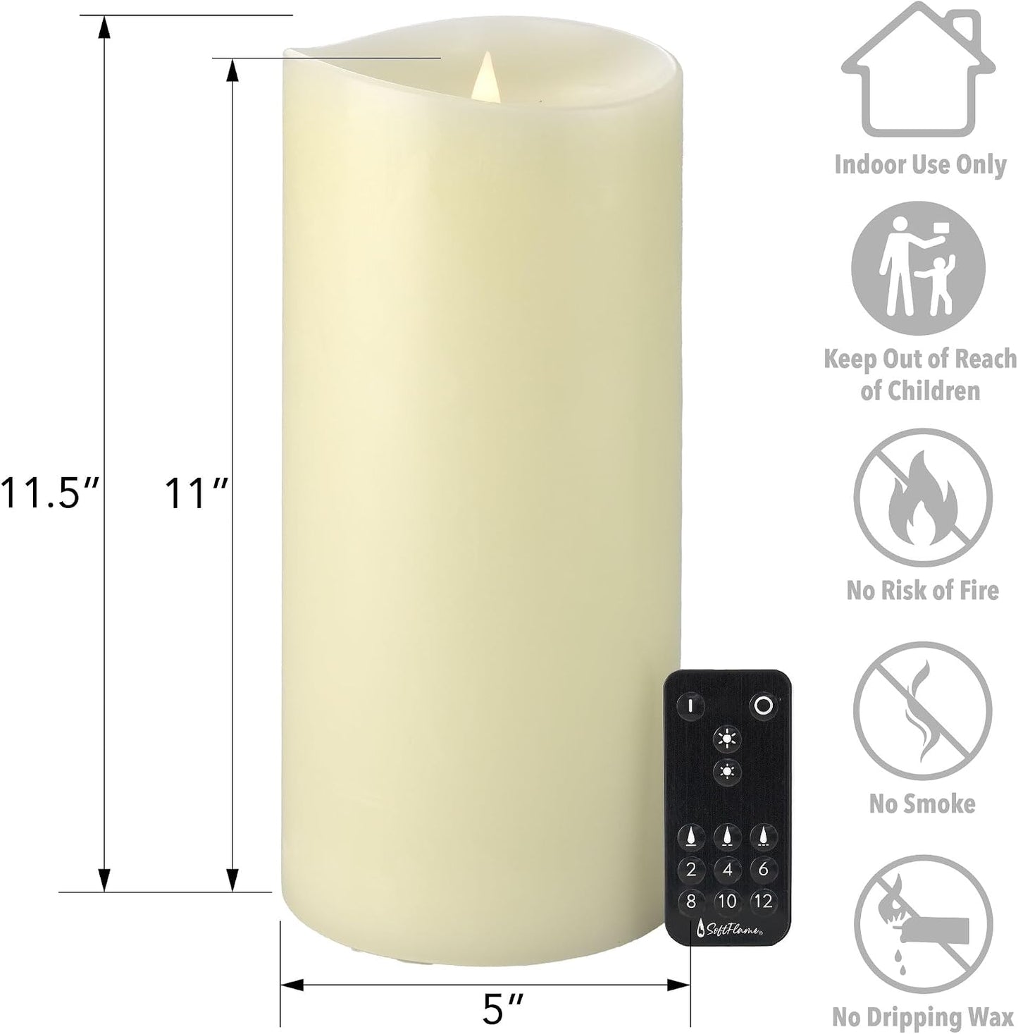 Flameless LED Candles with Remote Control, 5"x 11.5"Flickering 3D Moving Flame Battery Operated Candles in Real Wax