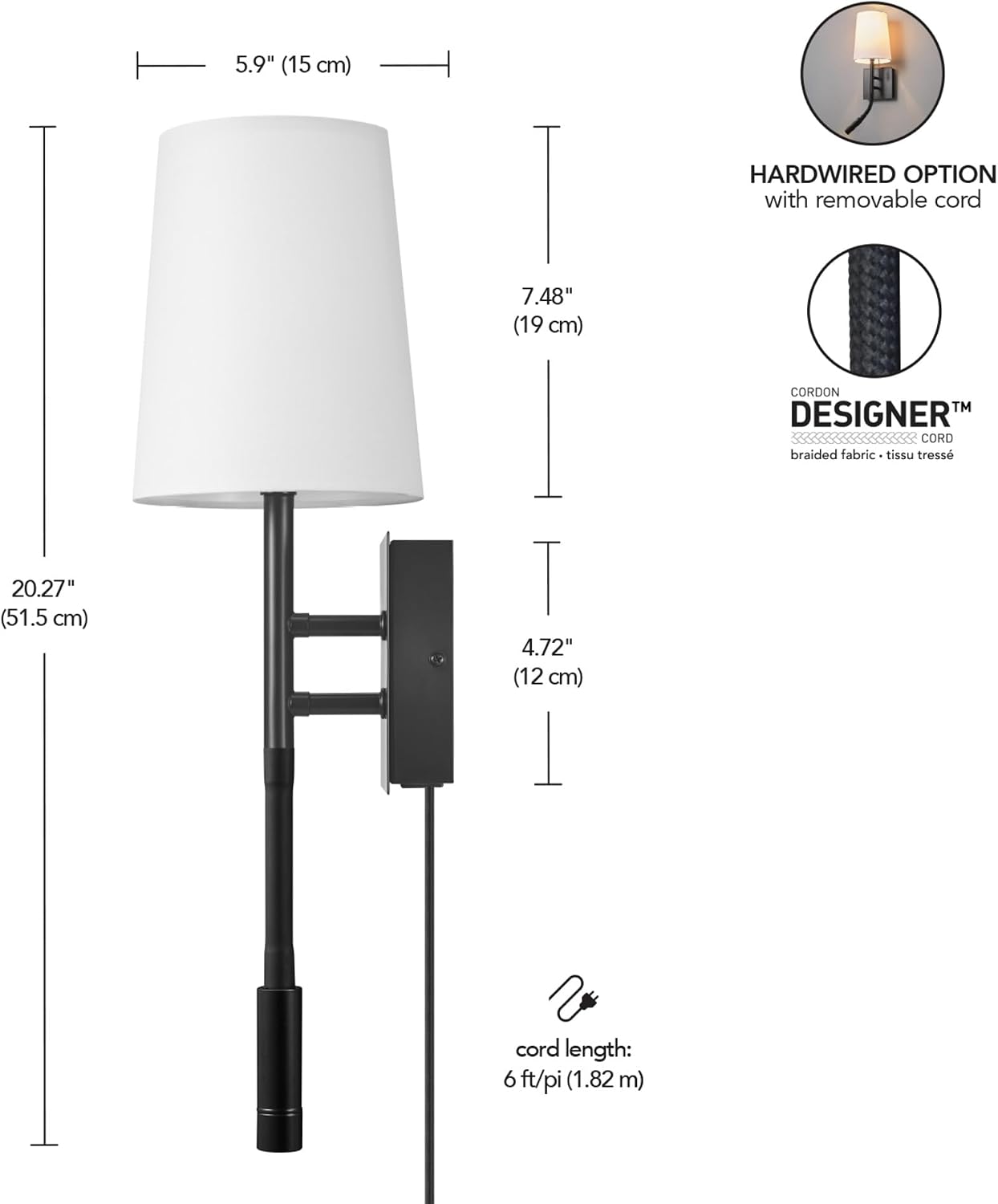 Globe Electric 1-Light Plug-in or Hardwired Wall Sconce with LED Integrated Reading Light, USB-A Port, USB-C Port