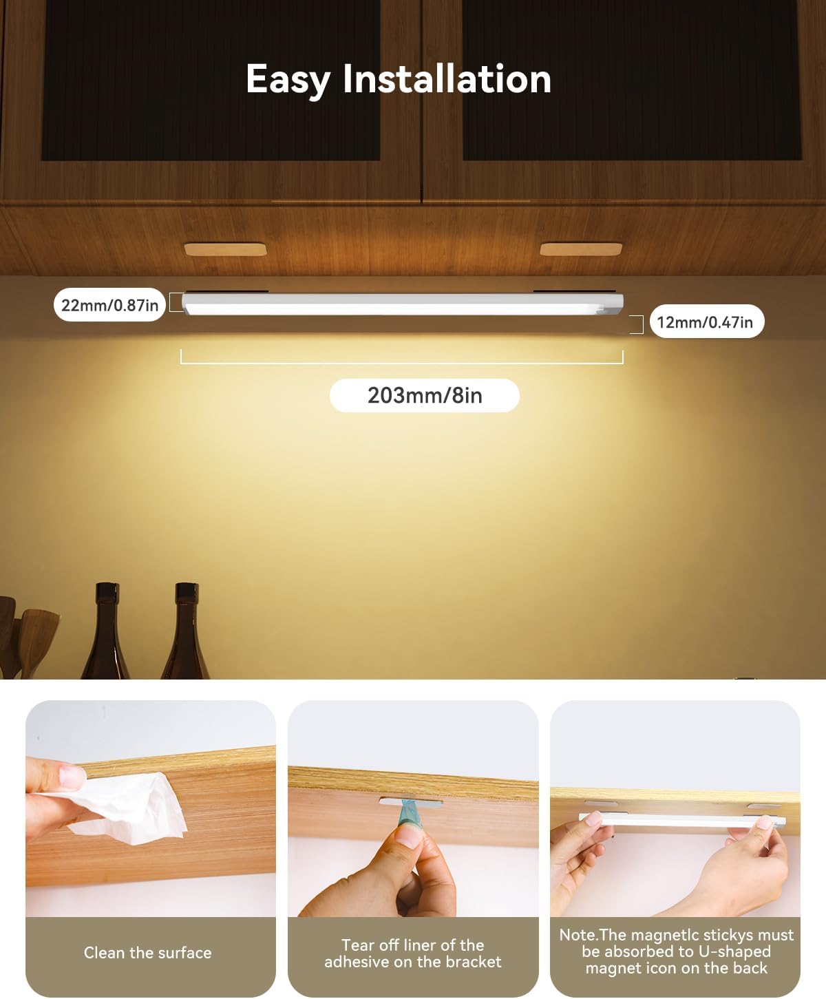 8In Under Cabinet Lighting Rechargeable with 2 Charge Station, 12Pack | Motion Sensor Light Indoor 3 Color Dimmable